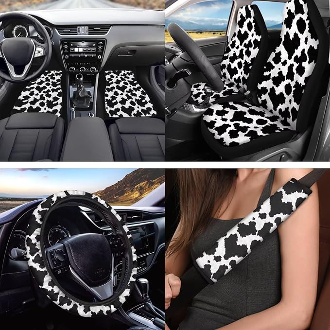 Cow Print Car Seat Covers, Auto Floor Mats, Car Steering Wheel Cover, Shoulder Pads, Armrest Pad, Roof Gloves, Cup Coaster, Keychain, Automotive Interior Accessories Set of 18