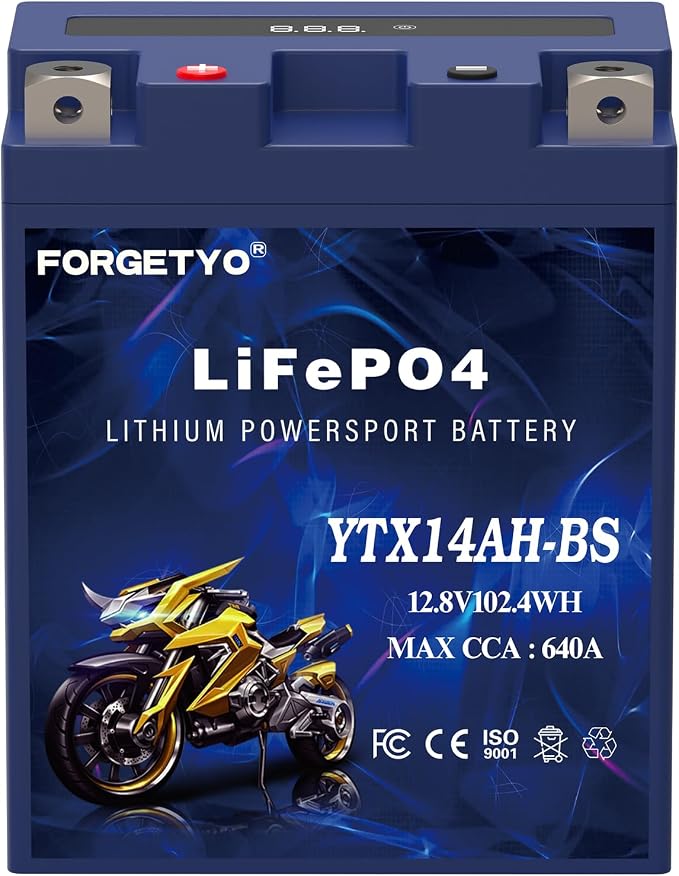 Lithium Motorcycle Battery, Forgetyo YTX14AH-BS 12V 8AH 640A LiFePO4 Lithium Battery, ATV, UTV, Jet Ski Battery