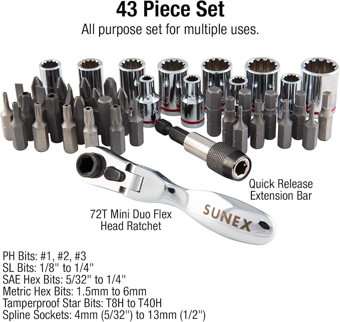Sunex 9732 44Pc 1/4" Dr Mini Dual Flex Head RATCHET W Socket & Bit Set & Klein Tools 65200 Ratchet Set, 5-Piece Mini Ratchet Set with Phillips, Slotted, and Adapter for Other Socket Sizes