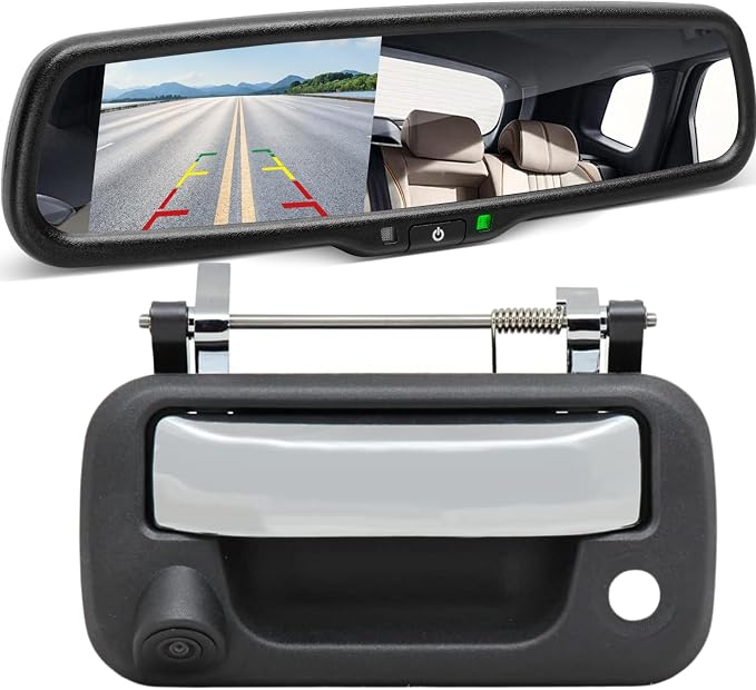 EWAY Tailgate Latch Handle Backup Reverse Camera w/ 4.3" Rear View Mirror Monitor Kit for 2004-2016 Ford F150 F250 F350 F450 F550 Super Duty - Black & Chrome, Rearview Reversing Mirror Replacement