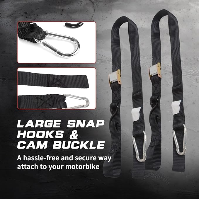 MOTO4U Sport Motorcycle Tie down Bundle,1 PK Motorcycle Rear Wheel Tie Down Straps with Ratchets & 2 PK 1.5" x 7' Cam Buckle Straps with soft Loops & Safety Hooks & Snap Hook Black
