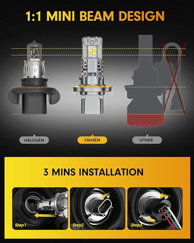 FAHREN Latest & Brightest H13 LED Bulbs, (1,200%) 12X 90,000LM Extreme Brightness 9008 bulb, 6500K Cool White, 1:1 Min Size,IP68 Waterproof,Pack of 2,Fog Bulbs HID,Plug-N-Play.