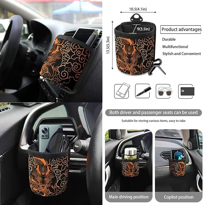 Dragon Print Auto Interior Sets Front Rear Car Seat Covers Steering Wheel Cover Seat Belt Cover Coasters Trash Can Air Outlet Pocket Universal