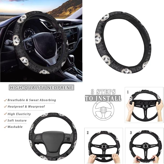 Panda Print Car Accessories Pack of 13, Auto Front and Rear Seat Cover Set of 4, 1 Steering Wheel Cover, 4 Seat Belt Cover, 4 Cup Holder Coasters Universal Fit for Most Cars
