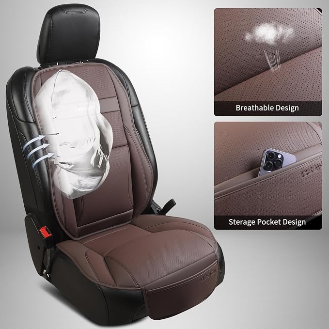 Car Seat Cover Protector for Front Seats – Waterproof, Breathable Faux Nappa Leather, Airbag Compatible, Dual Support for Waist & Legs, Universal Fit for Sedans, SUVs, Pickups (2pcs, Brown)