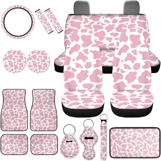 Pink Cow Print Car Seat Covers Full Set of 17 Pack Cute Cow Print Car Accessories Set with Vehicle Front Rear Carpets Mats Steering Wheel Accessories Armrest Pad,Universal Fit Most Car SUV