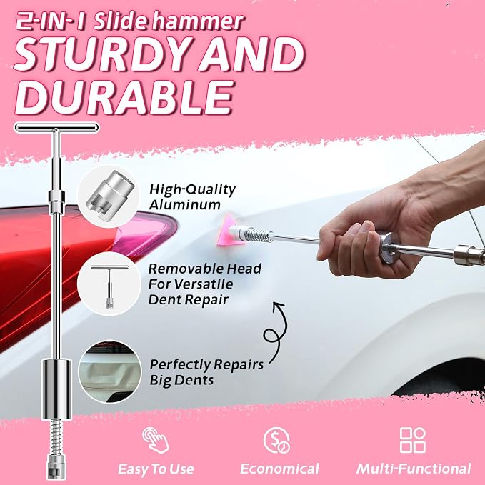 Dent Puller Kit - Paintless Dent Removal Tool with 100W Hot Glue Gun 10 Glue Sticks and 2-in-1 Slide Hammer T-Bar - for Car Body Repair Hail Damage Door Dings and Small Suction Cup