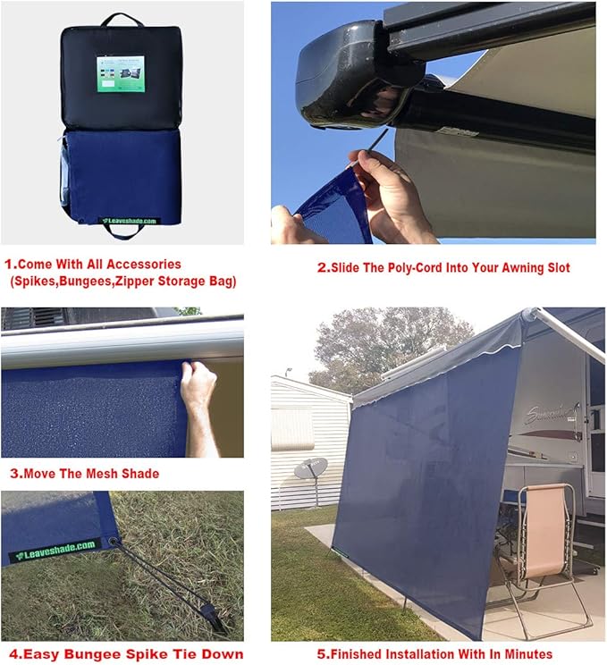 Leaveshade RV Awning Sun Shade Screen 7' X 13' 3'' (Fit for 14' Awning) Mesh Sunshade for RV Awning Shadescreen Block UV Glare Motorhome Camping Trailer Awning Sunscreen - 3 Year Warranty (Navy Blue)