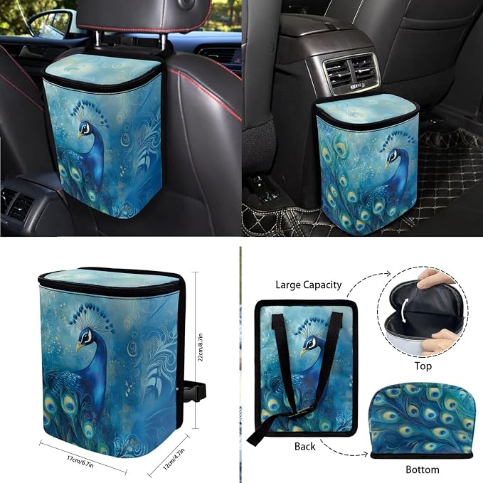 Peacock Floral Print 10 Pcs Car Seat Covers Full Sets, 1 Steering Wheel Cover, 4 Front Rear Seat Covers, 1 Vehicle Garbage Can, 1 Car Air Vent Storage Bag, 2 Cup Coasters, 1 Keychain