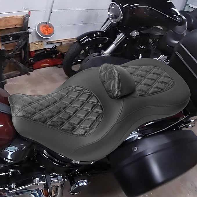 One-Piece Driver Passenger Seat Motorcycle 2-Up Seat with Driver Backrest Cushion Pad Compatible with Harley Softail Sport Glide FLSB Low Rider FXLR FXLRS FXLRST 2018-Later (Black Diamond Stitching)