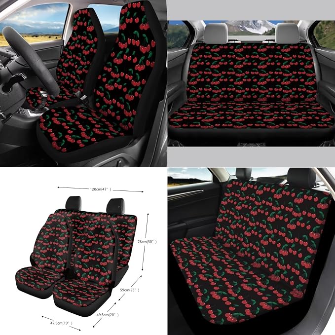 Wanyint Cherry Black 15 Pcs Car Seat Cover Full Set with Auto Steering Wheel Cover Seat Belt Strap Pads Cup Coasters Trash Bag Air Vent Storage Bag Rearview Mirror Cover Keychain Auto Interior Decor