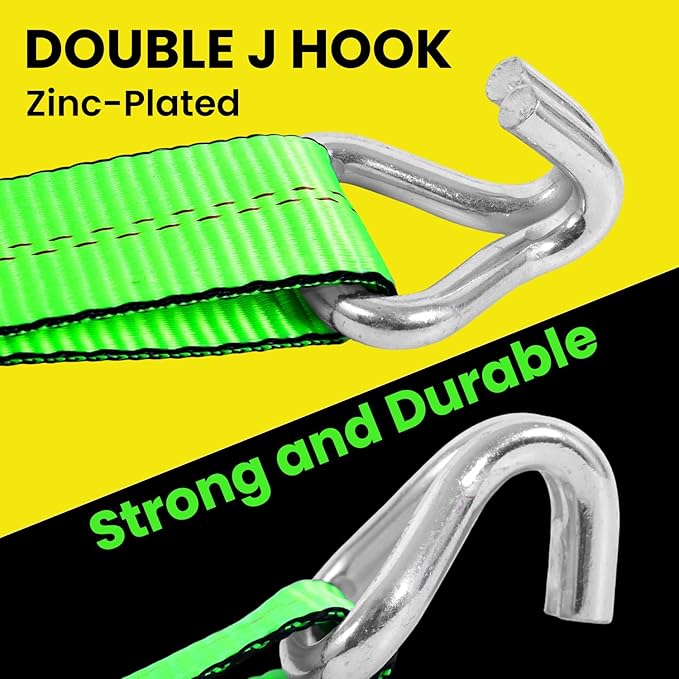 2"x20' Ratchet Straps with J Hooks - 10,000lb Break Strength/ 3,333lb Load Capacity Ratchet Tie Down Strap - Ratchet Straps Heavy Duty - Cargo Straps for Truck, Lawn Equipment, Car Roof, 4 Pack(Green)