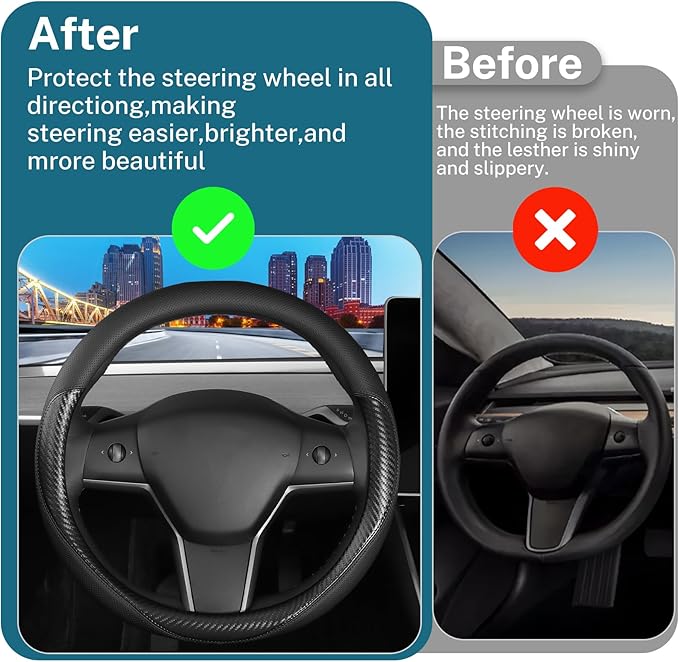 Leather Steering Wheel Cover Custom-Fit for Tesla Model 3/Y 2016-2026, Comfort Grip Design Breathable and Non-Slip, Model 3/Y Car Steering Wheel Protector, Tesla Accessories,Black(B-Style, for Tesla)