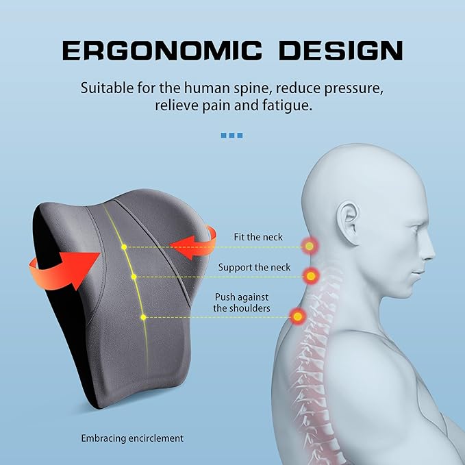 Car Seat Lumber Support Pillow&Neck Pillow Kit,Ergonomic Memery Foam Neck Pillow and Back Cushion for Back Pain Relief,Comfort for Car,Office