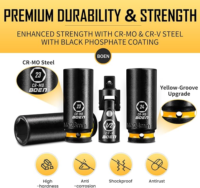 BOEN Pro 1/2" Drive Metric Deep Impact Socket Set, 21-Piece CR-MO &CR-V Steel, Upgraded Torque & Durability, 10mm-24mm, Includes Extension Bars, Universal Joint, Adapter – Meets ANSI
