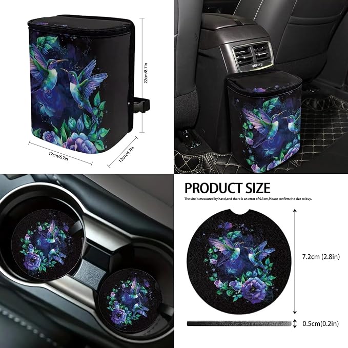 Suobstales Hummingbird Floral Print Car Seat Cover with Steering Wheel Cover, Seat Belt Pads, Car Trash Can, Coasters, Rear View Mirror Cover, Keychains, 13 Pcs Car Accessories Universal for SUV Truck