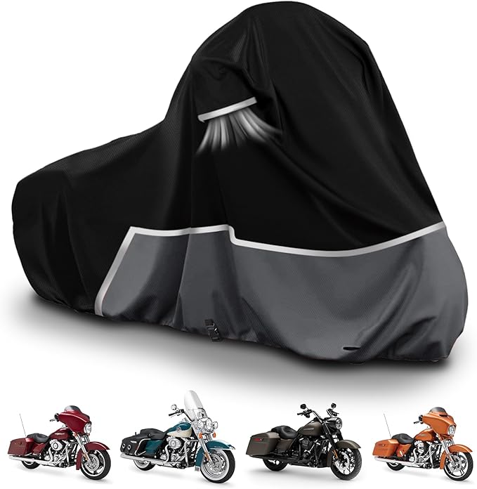 Waterproof Motorcycle Cover Compatible with Harley Davidson Electra Glide/Road King/Street Glide/CVO Road Touring Without Trunk Models, 420D Oxford Cloth Cover for Snow Rain Dust Protection