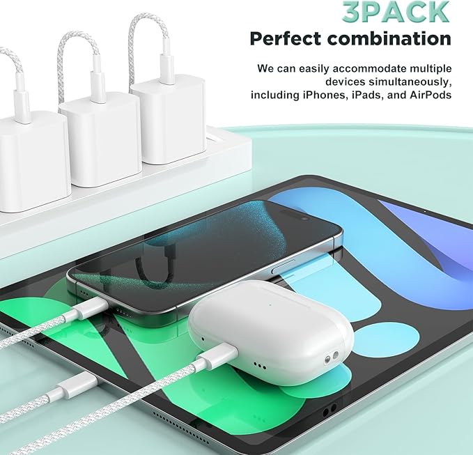 iPhone 17 16 15 Charger Fast Charging 20W USB C Wall Charger Block with 3 Pack [3TF+6FT+10FT] Braided USB C to C Cable Fast Charging for iPhone 15/16/17 Pro Max/Pro/Plus/Air,for iPad Pro/Samsung