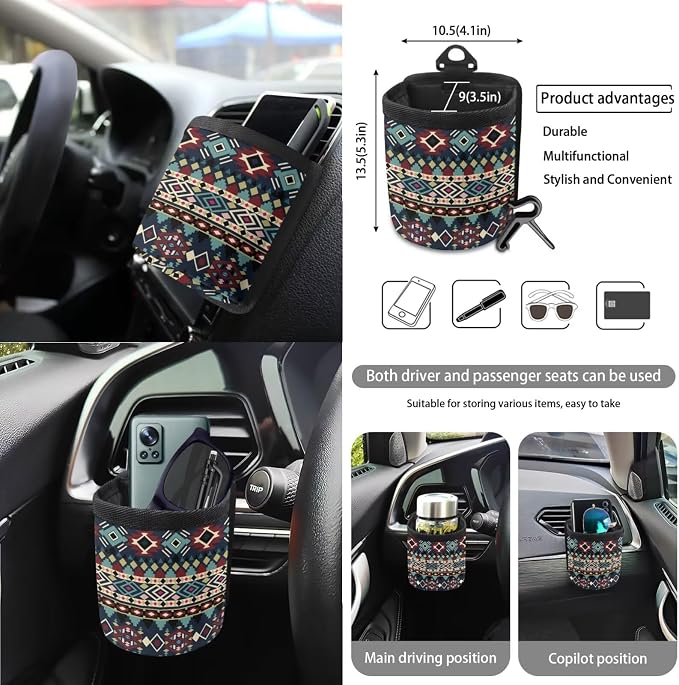 Wanyint 15 PCS Car Seat Covers Set for Women, with Steering Wheel Rear View Mirror Cover Seat Belt Pads Trash Bin Sunglass Pocket Coasters Key Chain Car Accessories, Southwest Aztec Dark Blue Red