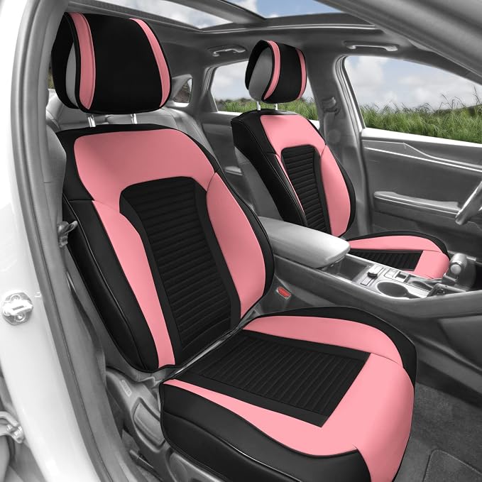 FH Group Front Set Faux Leather Car Seat Covers Cushions for Low Back Seat, Universal Fit, Airbag Compatible Seat Cover for SUV, Sedan Pink