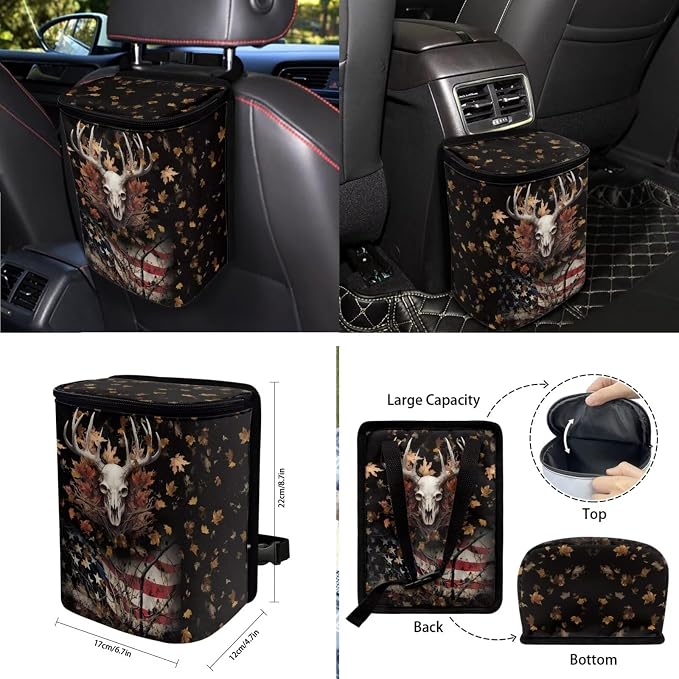 Deer American Flag Maple Leaf Pattern Auto Accessories Set of 10, Front and Rear Seat Covers Full Set, Steering Wheel Cover, Air Vent Storage Bag, Keychain, Car Trash Can, Cup Holders