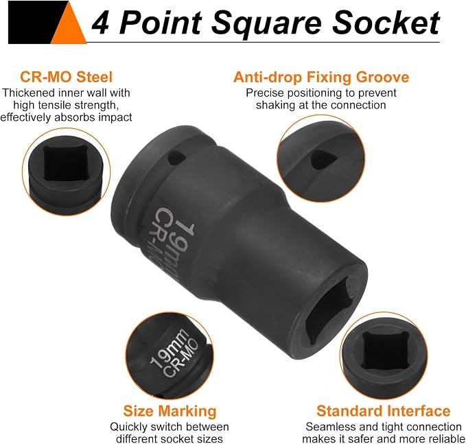 HARFINGTON 3pcs 4 Point Square Socket 1" Drive 19mm Metric CR-MO Phosphate Blackening Standard Wheel Impact Sockets for Auto Repair Mechanical Maintenance Home Install