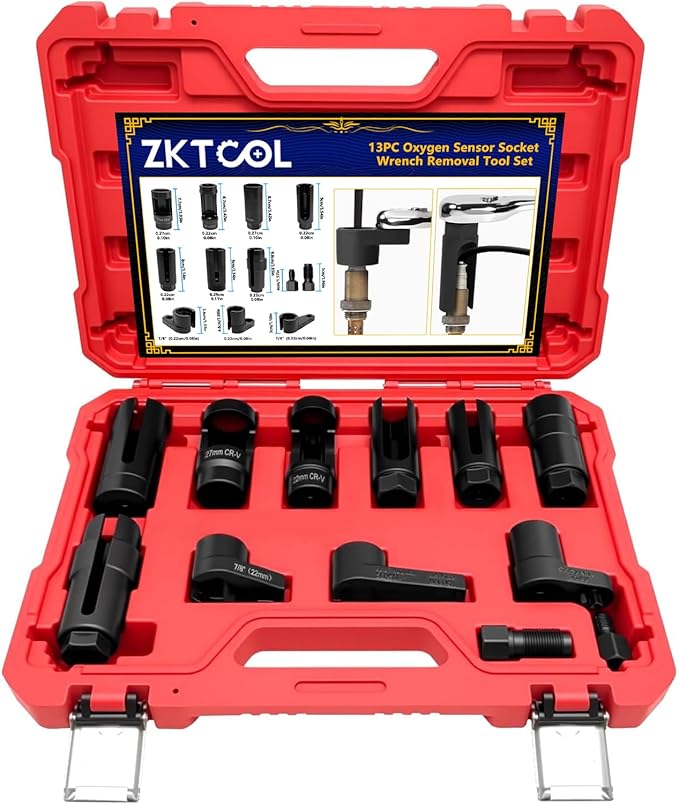 ZKTOOL 13PC Oxygen Sensor Socket Wrench Removal Tool Set，Open-end Socket Wrench Set，with 22mm 27mm 29mm 7/8" 1" &1/16" Sockets ，1/2" 3/8" Drive，M18x 1.5 & M12x1.25 Thread Chaser，Kit for Most Vehicles
