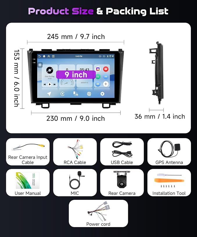 4+128G for Honda CRV 2007-2011 Android Car Stereo Radio with Wireless Carplay/Android Auto, 9 Inch 1280 * 720P in-Cell Screen Bluetooth WiFi GPS Navigation USB FM/RDS SWC EQ Backup Camera