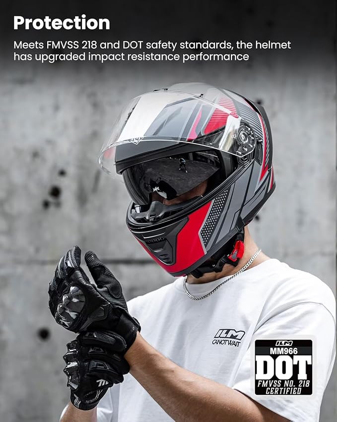 ILM Modular Motorcycle Helmet for Adults Full Face Flip up Riding with Dual Visor Street Bike Racing DOT Model MM966 (Black Red, L)