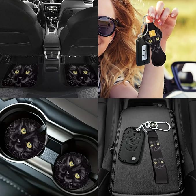 Black Cat Car Aaccessories Full Set of 17 Pcs,Black Cat Car Seat Covers Set with Heavy Duty Floor Mats,Steering Wheel Covers,Cool Print Seat Belt Shoulder Pad for Women Man,Universal Fit