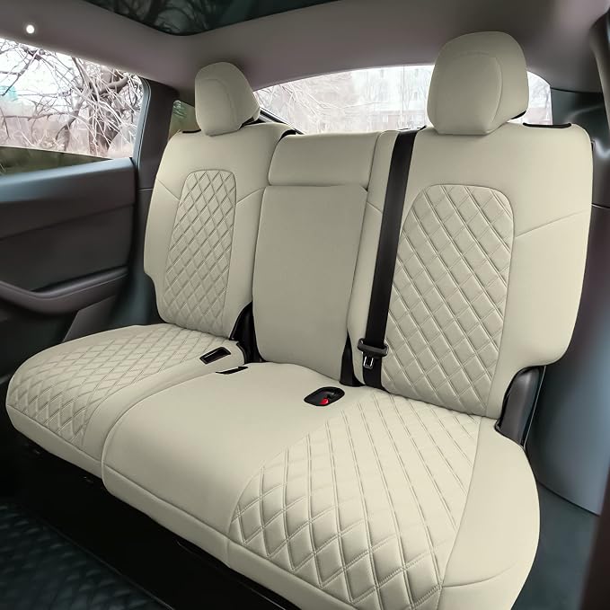 FH Group Custom Fit Car Seat Covers Specifically Made for 2020-2025 Tesla Model Y Ultraflex Neoprene Water Resistant Automotive Seat Covers - Rear Set Solid Beige
