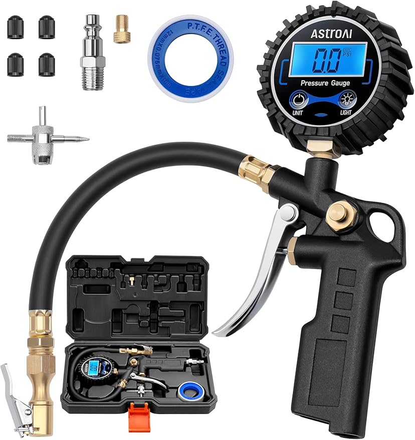 AstroAI Digital Tire Pressure Gauge with Inflator, 3-250 PSI Air Chuck & Compressor Accessories Heavy Duty with Quick Connect Coupler, 0.1 Display Resolution, 1pack