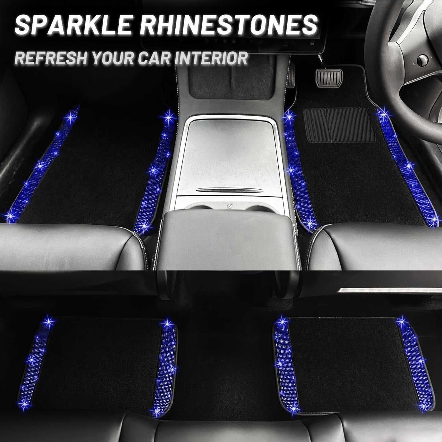 NBTEPEM Blue Bling Car Floor Mats Full Set, Universal Fit Most Cars,SUV, Trucks, 4 pcs Sparkle Glitter Diamond Carpet for Women Girls with Anti-Slip Pad (Blue Diamond)