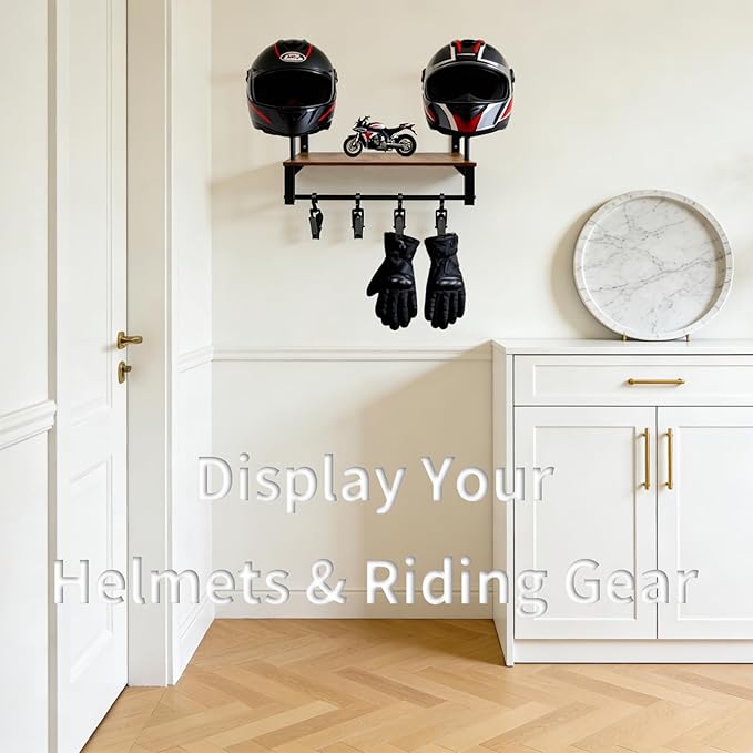 Helmet Rack Wall Mount, Motorcycle Helmets Holder with Wall Storage Hook, Wooden Motorcycle Helmet Display Stand, Retro Bike Helmets Storage Organizer, Motorcycle Accessories for Men