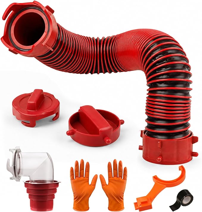 5FT RV Sewer Hose Kit: Heavy Duty Camper Waste Hose with Leak-Proof Swivel Fittings, 90° Clear Elbow, 4-in-1 Adapter, TPE Tech for Crush-Proof and UV-Resistant