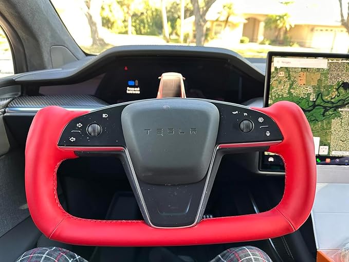 MEWANT DIY Red Smooth Artificial Leather Steering Wheel Cover for Tesla Model S Yoke 2021-2023 Model X 2021-2023