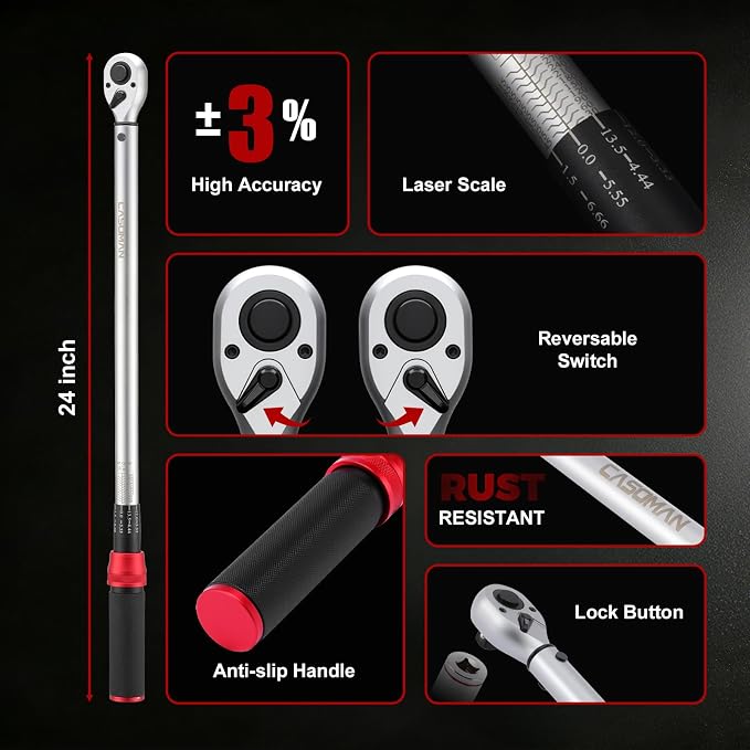 CASOMAN 14 PCS 1/2 Inch Click Torque Wrench Set,22.2-244.2 FT.-LB/30-330 Nm, ±3% Accuracy, 72-Tooth Dual Scale Torque Wrench Kit, with Breaker Bar & Extensions & Sockets, for Automotive Tire Repair