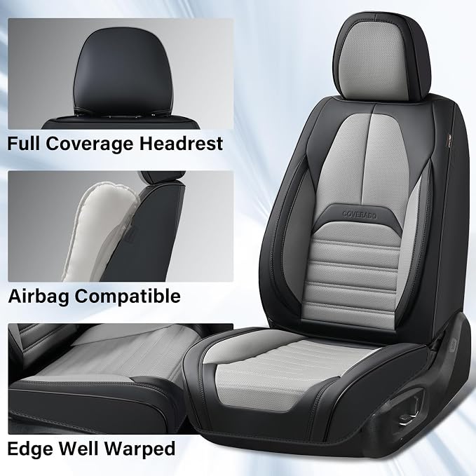 Coverado Car Seat Covers Full Set, Seat Covers for Cars, Automotive Seat Covers, Waterproof Nappa Leather Front Seats and Back Car Seat Protector, Universal Fit for Most Cars SUV Trucks,Black&Gray