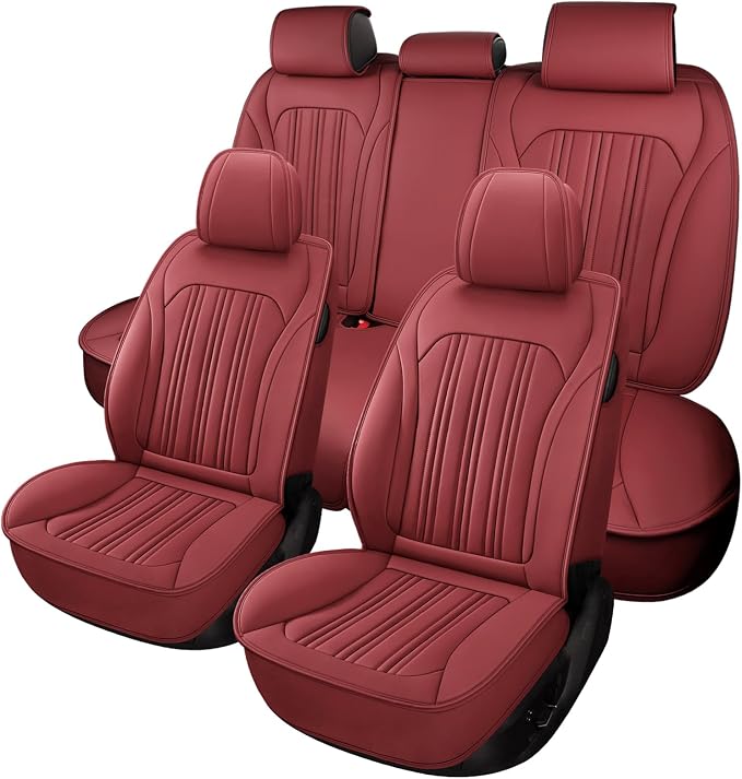Car Seat Cover, Seat Covers for Cars, Luxury Faux Leather Waterproof Seat Covers, Car Seat Protector Accessories Universal Fit Most Vehicles WineRed Full Set