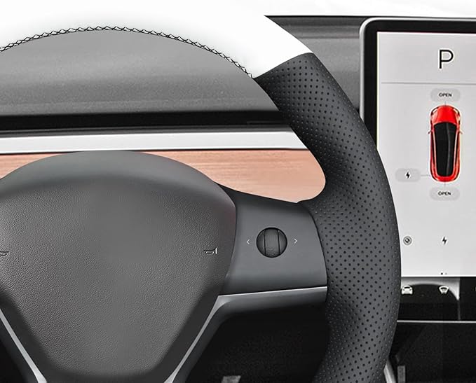 MEWANT Hand Stitch Black White Faux Leather Steering Wheel Cover Wrap for Tesla Model Y 2020-2023 Tesla Model 3 2020