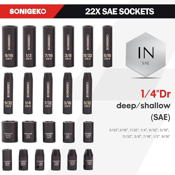 55-Piece 1/4" Drive Impact Socket Set, 6-Point deep & standard SAE/Metric(5/32"-9/16", 4-15mm), CR-V steel. Includes 2",4",6" Extension Bars, Universal Joint & Adapter,Ratchet Handle