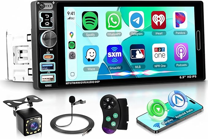 Car Stereo Single Din Wired Carplay Android Auto Car Radio with Bluetooth 5.2, Rimoody 6.9 inch Touch Screen Mirror Link FM/EQ USB-2/Type-C/SWC/MIC Car Audio Receiver with Backup Camera