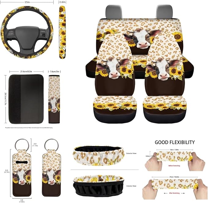 Cow Car Seat Cover for Front Rear Bench Seats+Brown Cowhide Sunflower Universal Fit Auto Steering Wheel Cover/Shoulder Seatbelt Pads/Keychain/Gear Shift Knob Handbreak Cover/Mirror Cover