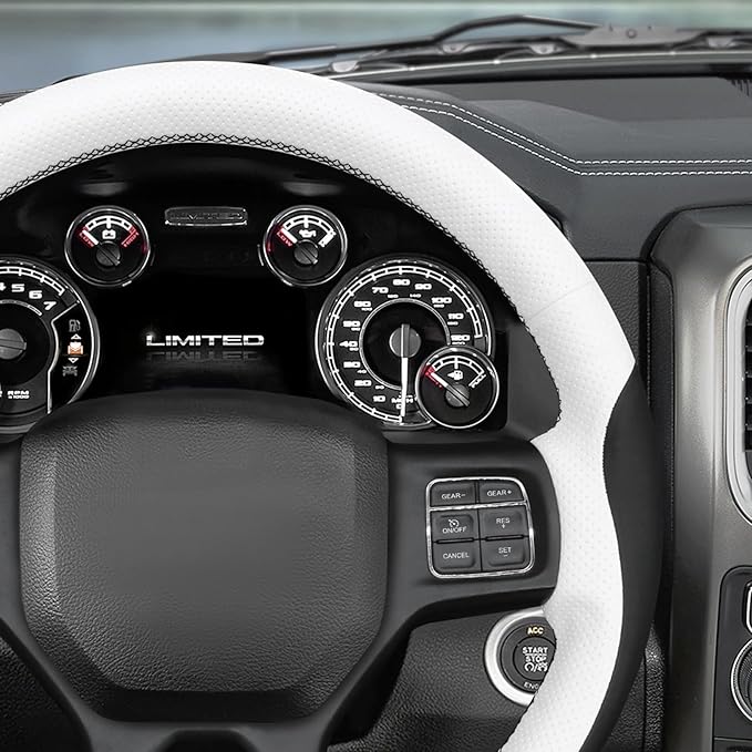 MEWANT Hand Stitch Steering Wheel Cover for Dodge Ram 1500 2500 3500 2004-2008 White Black Faux Leather Steering Wrap