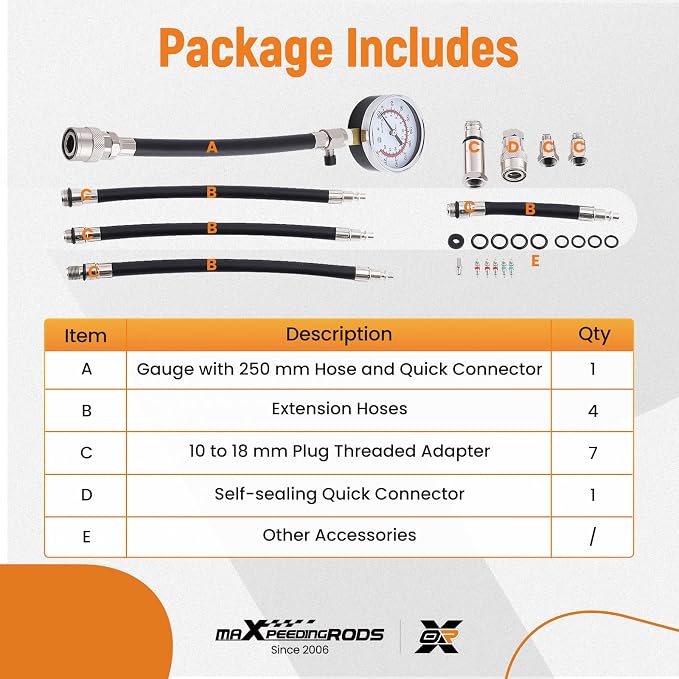 maXpeedingrods Engine Compression Tester Kit, Manual Pressure Release, 2-3/4 in. Bourdon Tube Gauge, Quick-Disconnect Coupler, Threaded Adapters for Motorcycles, Marine and Small Engines