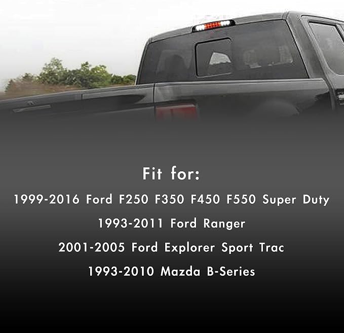 Third 3rd Brake Light LED for 1999-2016 Ford F250 F350 F450 F550 Super Duty, 1993-2011 Ford Ranger High Mount Rear Cab Brake Lights Assembly, 99-16 F-250 F-350 F-450 F-550 Cargo Stop Light
