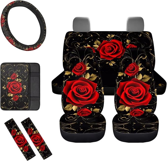 8 Pcs Red Rose Car Seat Covers Full Set Car Accessories for Women Front Seat Cover Steering Wheel Armrest Cover Seat Belt Cover for Auto SUV Interior Decoration