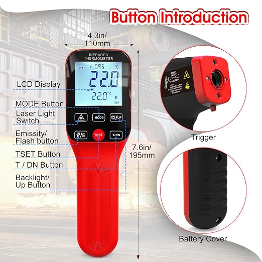 Pyrometer 30:1 Infrared Thermometer-58℉~2912℉, Non-Contact Thermometer, Rechargeable Laser Temperature Gun with LCD Display, Adjustable Emissivity for Grill, Engine, forging (Not for Human)