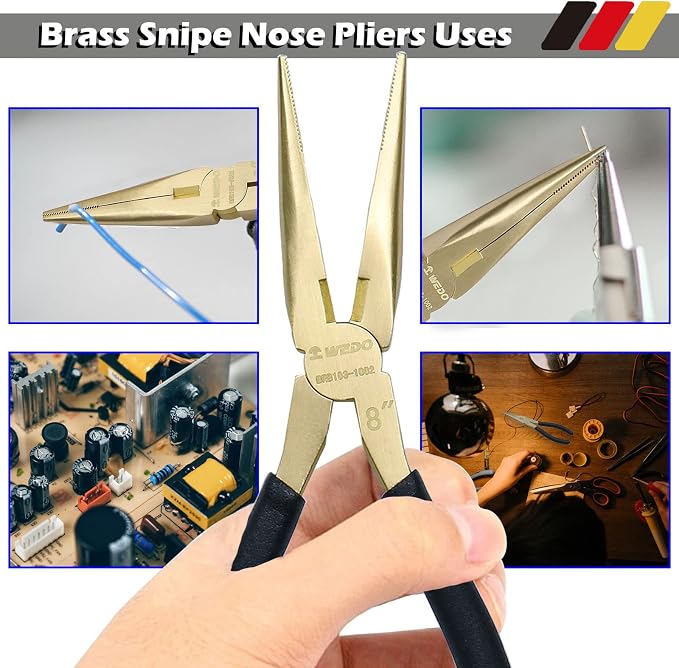 WEDO 2-Piece Brass Pliers Set, 8"" Long Nose Pliers with Non-Slip Handle, Snipe Nose Pliers, Length 200mm, BRB103-2pcs