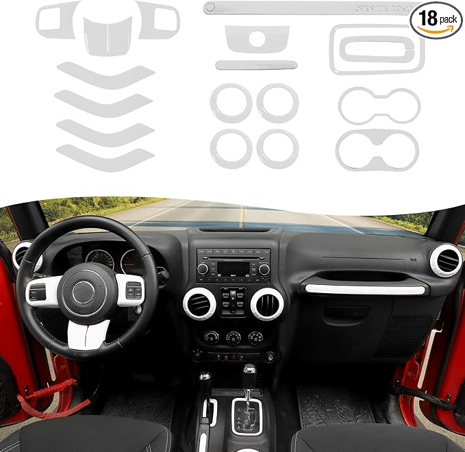 CheroCar 18PCS Interior Trim Kit for Jeep Wrangler JK JKU 2011-2018 4 Door,Steering Button Frame, Air Conditioning Vent Trim Cup Holder Cover,Gear Shift Knobs Frame,White,…